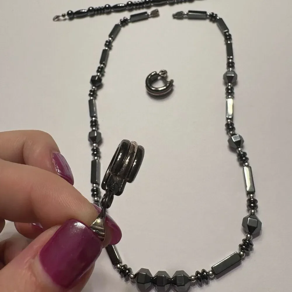 Women Hematite Style Beaded Necklace Beaded Bracelet and Small Clip on Earrings